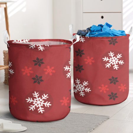 Christmas Eve Sparkling Snowflakes On A Red Background Laundry Basket
