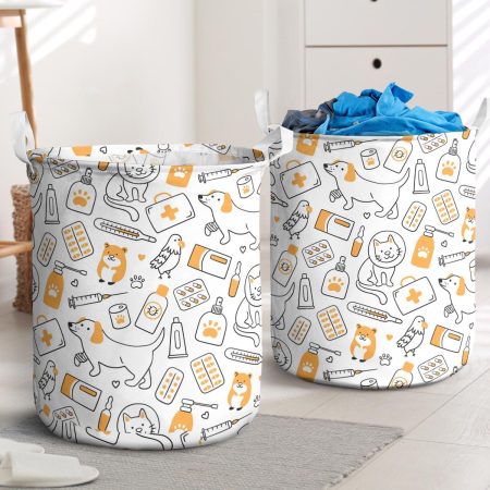 A Cat In A Collar And A Dog With A Bandaged Paw Laundry Basket