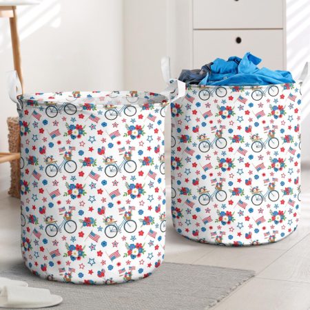 4th of July patriotic blue bicycle with American flags, flowers, and balloons seamless pattern Laundry Basket
