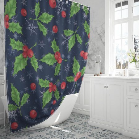 Christmas Fashion With Green Leaves And Bright Red Berries Christmas Shower Curtain