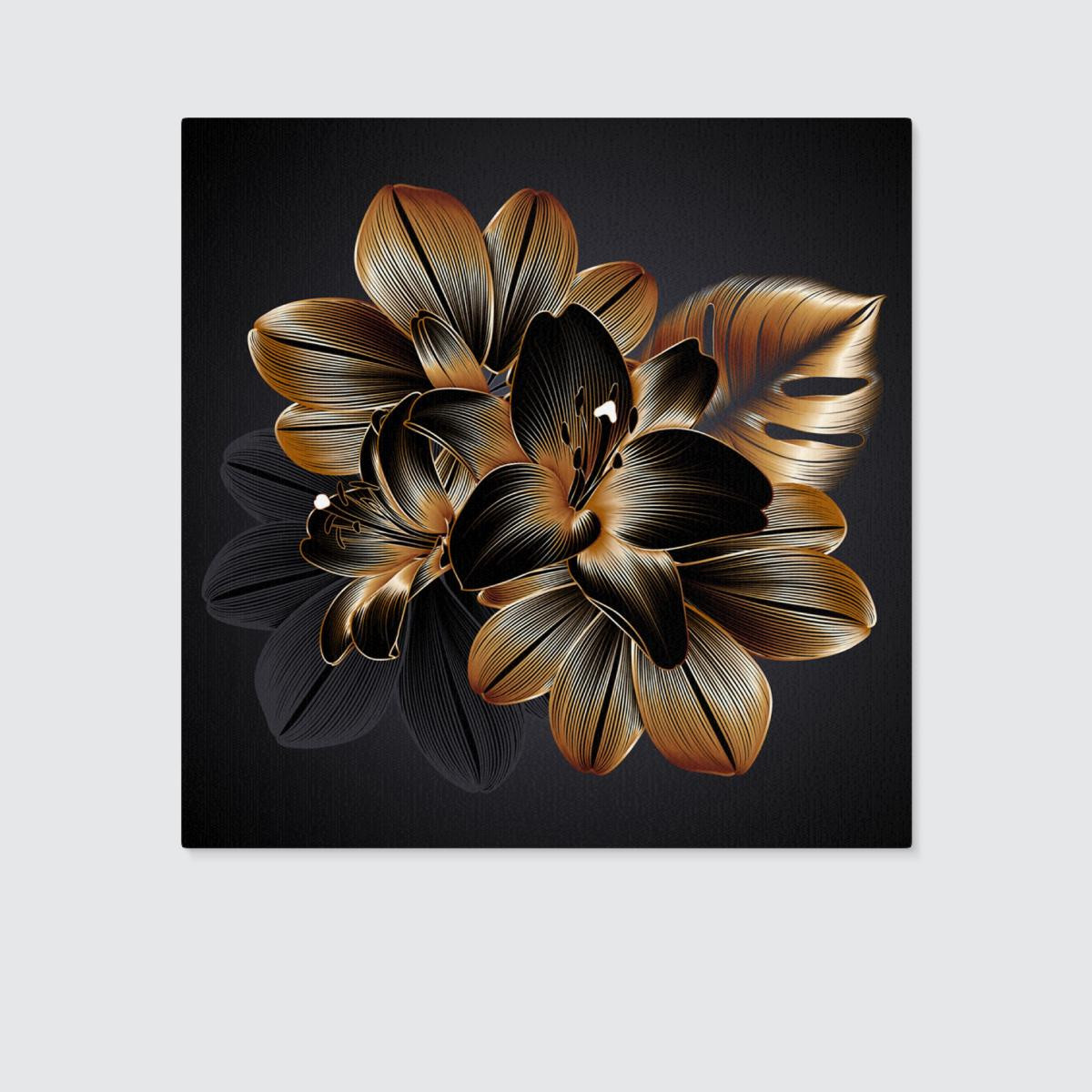 Black And Gold, Luxury Background, Floral Shapes, Black Silk Texture With Golden Motifs Square Canvas