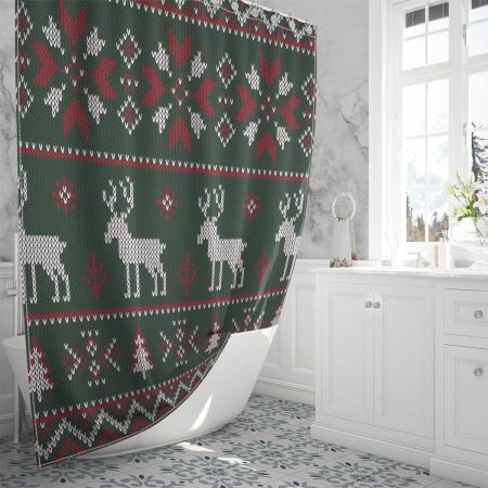 Green and Red Patterned Hoodie With White Deer Print Christmas Shower Curtain
