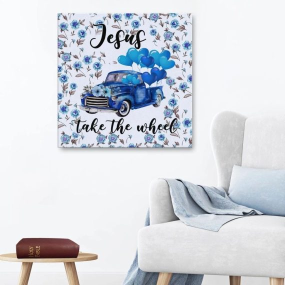 ( Blue) Jesus Take The Wheel Canvas Wall Art