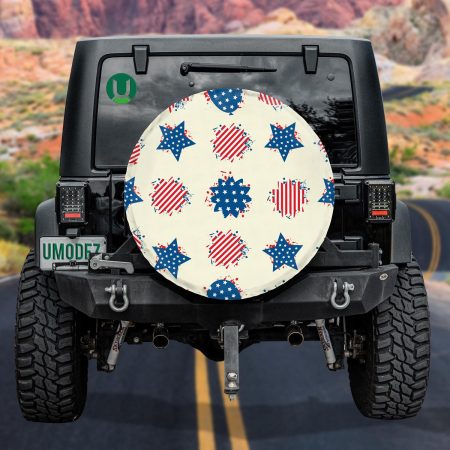 A Pattern Of Blue Stars And Red Striped Flower For 4th Of July Spare Tire Cover - Jeep Tire Covers