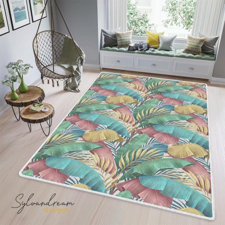 Pastel Color Banana Leaves, Tropical Plants Classical Hand-Painted 3d Area Rugs