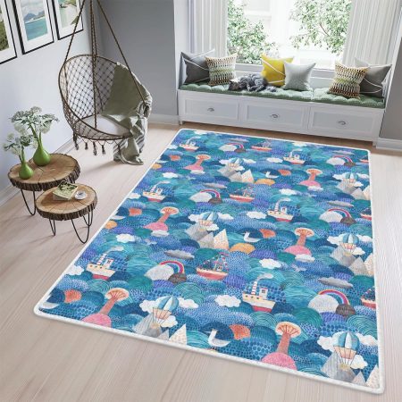 Cute Watercolor Background With Ships, Reefs, Balloon And Clouds Area Rugs