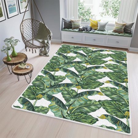 Green Tropical Palm Leaf Forest On White Background Area Rugs